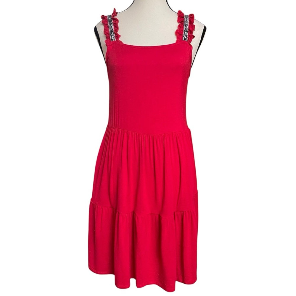 Madison‎ Grey Red Ruffle Strap Tiered Sundress Mini Dress Size S - Picture 2 of 8